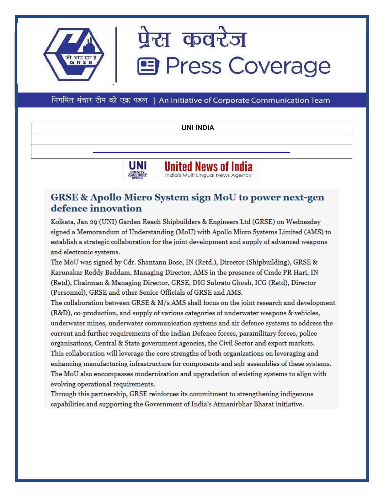 Press Coverage :  GRSE Limited celebrate Republic Day
